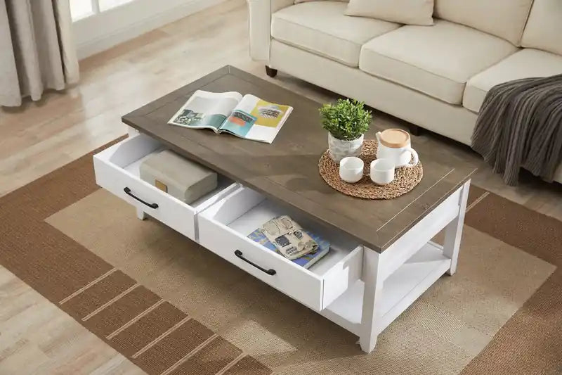 Table basse traditionnelle de 23,25" avec tiroirs de rangement et étagère – Blanc et chêne noyer
