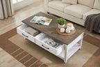 Table basse traditionnelle de 23,25" avec tiroirs de rangement et étagère – Blanc et chêne noyer