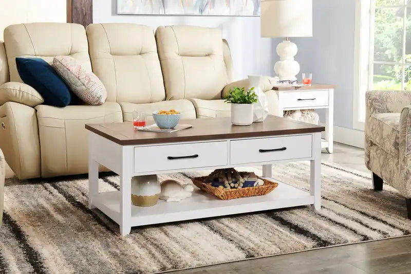 Table basse traditionnelle de 23,25" avec tiroirs de rangement et étagère – Blanc et chêne noyer