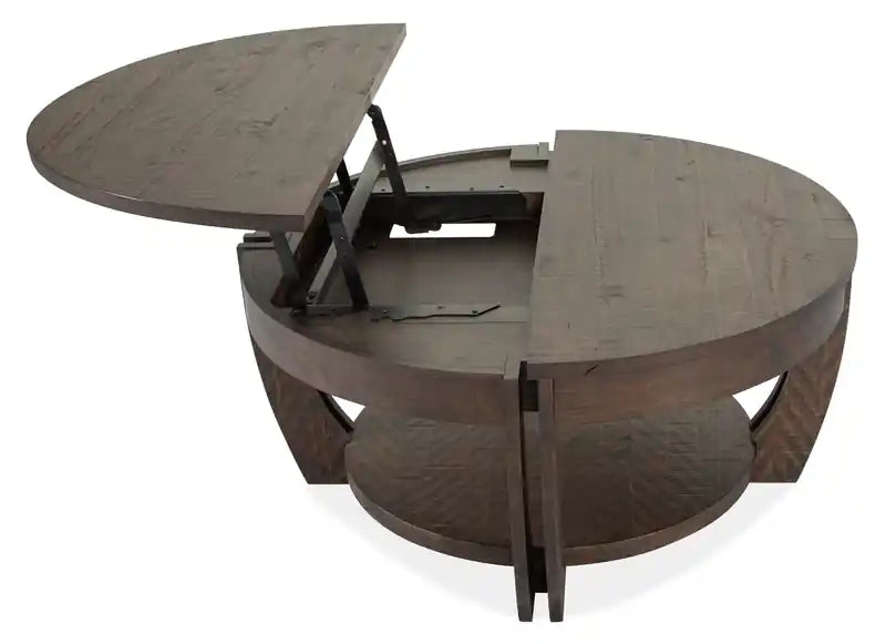 Lyndale 38 Table Basse Ronde Traditionnelle Relevable avec Rangement et Étagère - Pin Marron