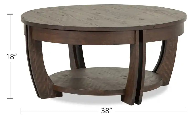 Lyndale 38 Table Basse Ronde Traditionnelle Relevable avec Rangement et Étagère - Pin Marron