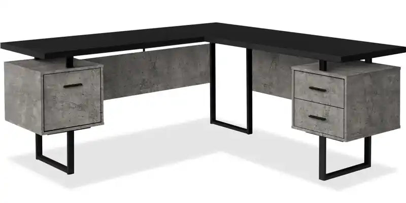Marnie Reversible 71 L-Shaped Corner Office Desk with 3-Drawers - Black Concrete-Look