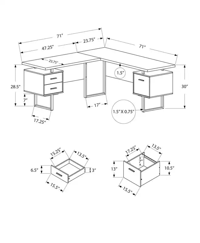 Marnie Bureau d'angle réversible 71 po avec 3 tiroirs – Effet béton noir