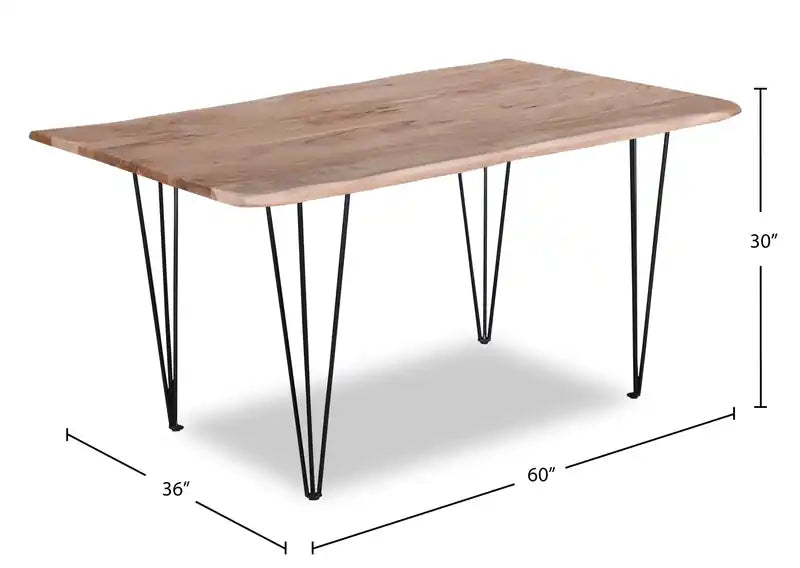Table de salle à manger 152 cm en bois d'acacia massif (Live Edge) avec pieds métalliques angulaires – 6 places, style contemporain