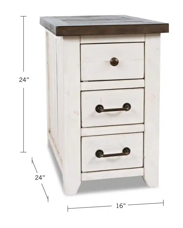 Table d'appoint rustique motorisée 16" avec 3 tiroirs et port USB – Blanc et pin recyclé