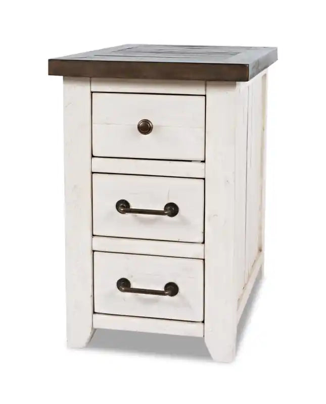 Table d'appoint rustique motorisée 16" avec 3 tiroirs et port USB – Blanc et pin recyclé