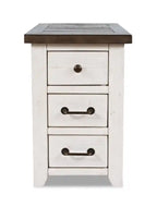 Table d'appoint rustique motorisée 16" avec 3 tiroirs et port USB – Blanc et pin recyclé