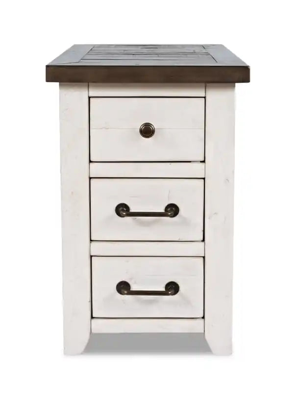 Table d'appoint rustique motorisée 16" avec 3 tiroirs et port USB – Blanc et pin recyclé