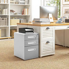 Caisson de classement mobile à trois tiroirs avec roulettes et serrure – acier gris clair, convient au rangement à la maison et au bureau.