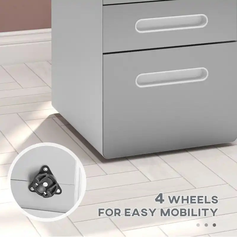 Caisson de classement mobile à trois tiroirs avec roulettes et serrure – acier gris clair, convient au rangement à la maison et au bureau.