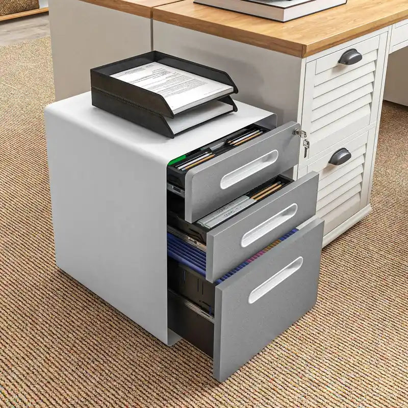Caisson de classement mobile à trois tiroirs avec roulettes et serrure – acier gris clair, convient au rangement à la maison et au bureau.