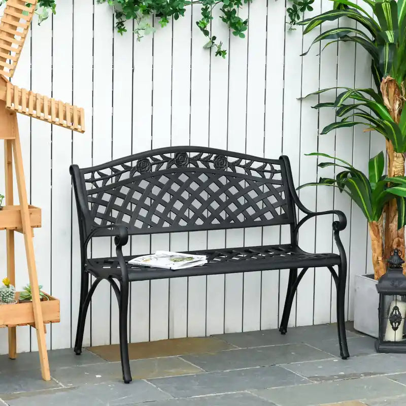Banc de jardin 2 places Outsunny en aluminium – Canapé deux places d'extérieur, cadre métallique robuste, dossier au design élégant