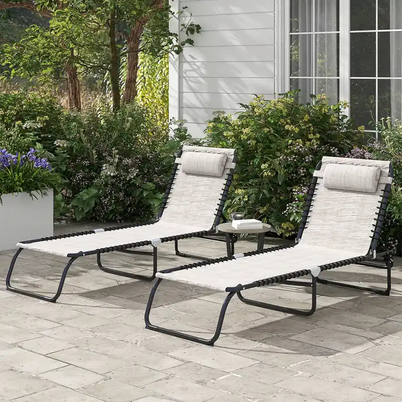 Lot de 2 chaises longues inclinables avec appui-tête et siège en maille – Blanc crème, pliables