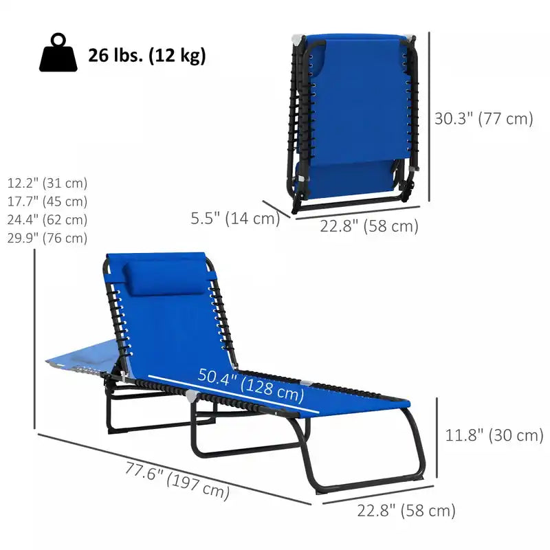 Outsunny Lot de 2 chaises longues pliantes inclinables avec appui-tête – Dossier à 4 positions, maille élastique, bleu
