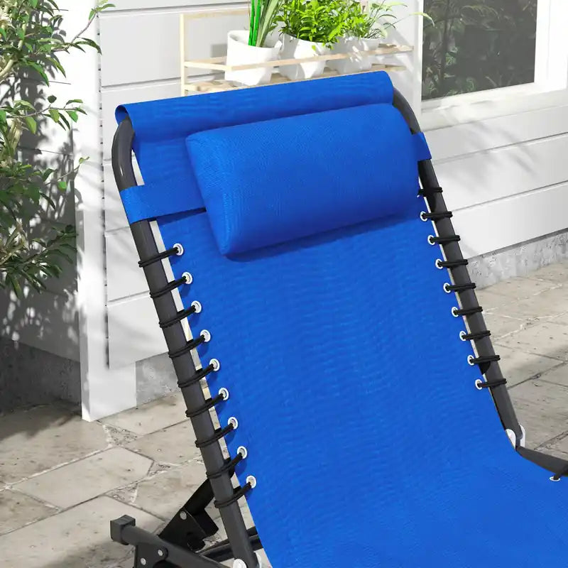 Outsunny Lot de 2 chaises longues pliantes inclinables avec appui-tête – Dossier à 4 positions, maille élastique, bleu