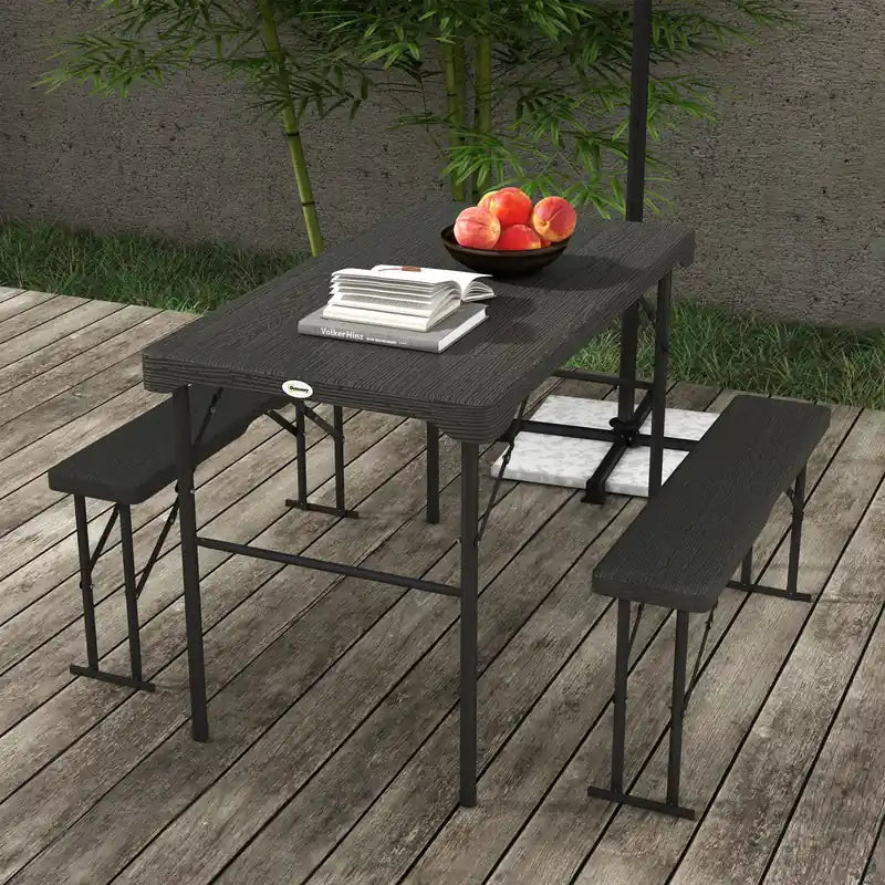 Table de pique-nique pliante 3 pièces en PEHD avec 2 bancs – 4 places, cadre en acier, gris foncé