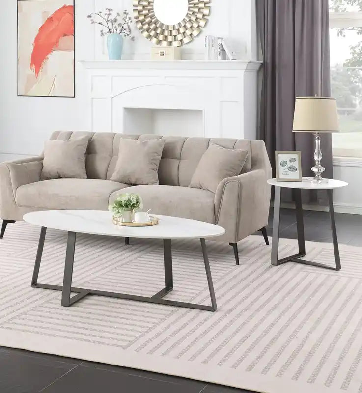 Table d'appoint ovale moderne Nico 56 cm Kort & Co. – Plateau en pierre frittée blanche, pieds en métal gris foncé, résistant aux rayures et aux taches
