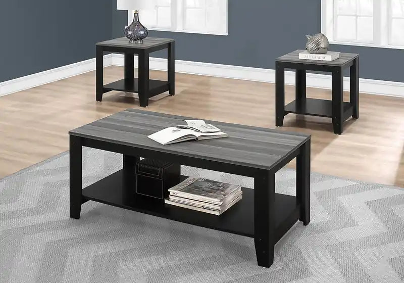 Rory 42 Ensemble de 3 tables basses traditionnelles + 2 tables d'appoint avec étagère - Gris et Noir