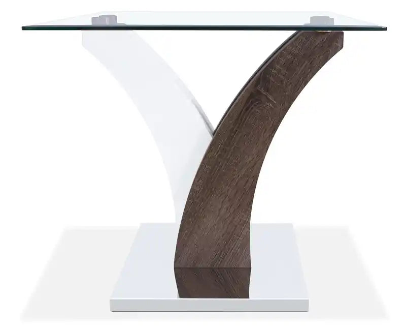 Table d'appoint moderne Tuxedo 24 à plateau en verre – blanc et gris avec base en métal