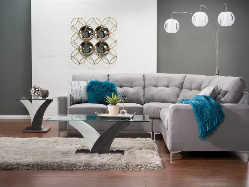 Table d'appoint moderne Tuxedo 24 à plateau en verre – blanc et gris avec base en métal
