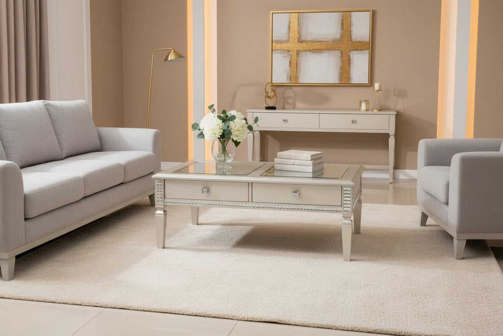 Table basse glamour de 122 cm avec 2 tiroirs et bordure miroir – Finition champagne, plateau en verre