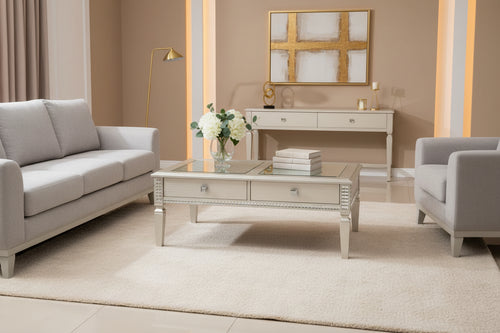Table basse glamour de 122 cm avec 2 tiroirs et bordure miroir – Finition champagne, plateau en verre
