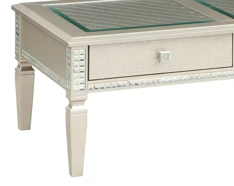 Table basse glamour de 122 cm avec 2 tiroirs et bordure miroir – Finition champagne, plateau en verre