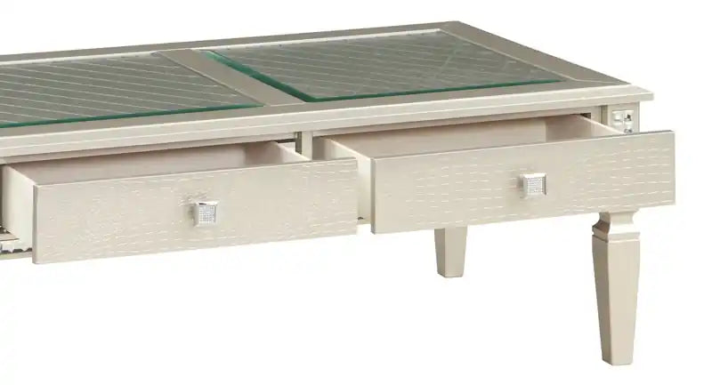 Table basse glamour de 122 cm avec 2 tiroirs et bordure miroir – Finition champagne, plateau en verre