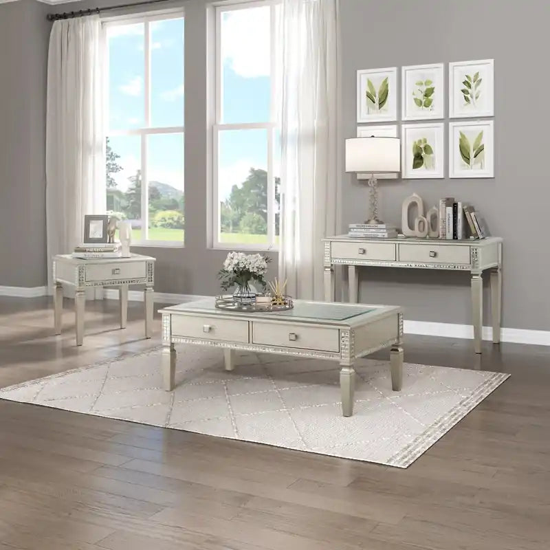 Table basse glamour de 122 cm avec 2 tiroirs et bordure miroir – Finition champagne, plateau en verre