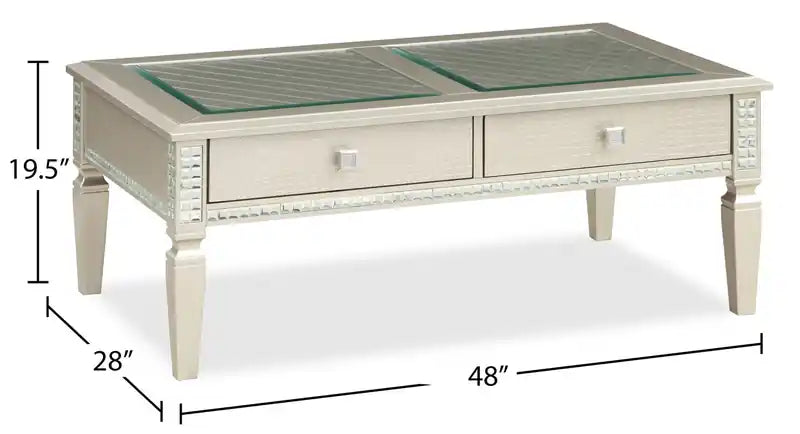 Table basse glamour de 122 cm avec 2 tiroirs et bordure miroir – Finition champagne, plateau en verre