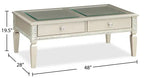 Table basse glamour de 122 cm avec 2 tiroirs et bordure miroir – Finition champagne, plateau en verre